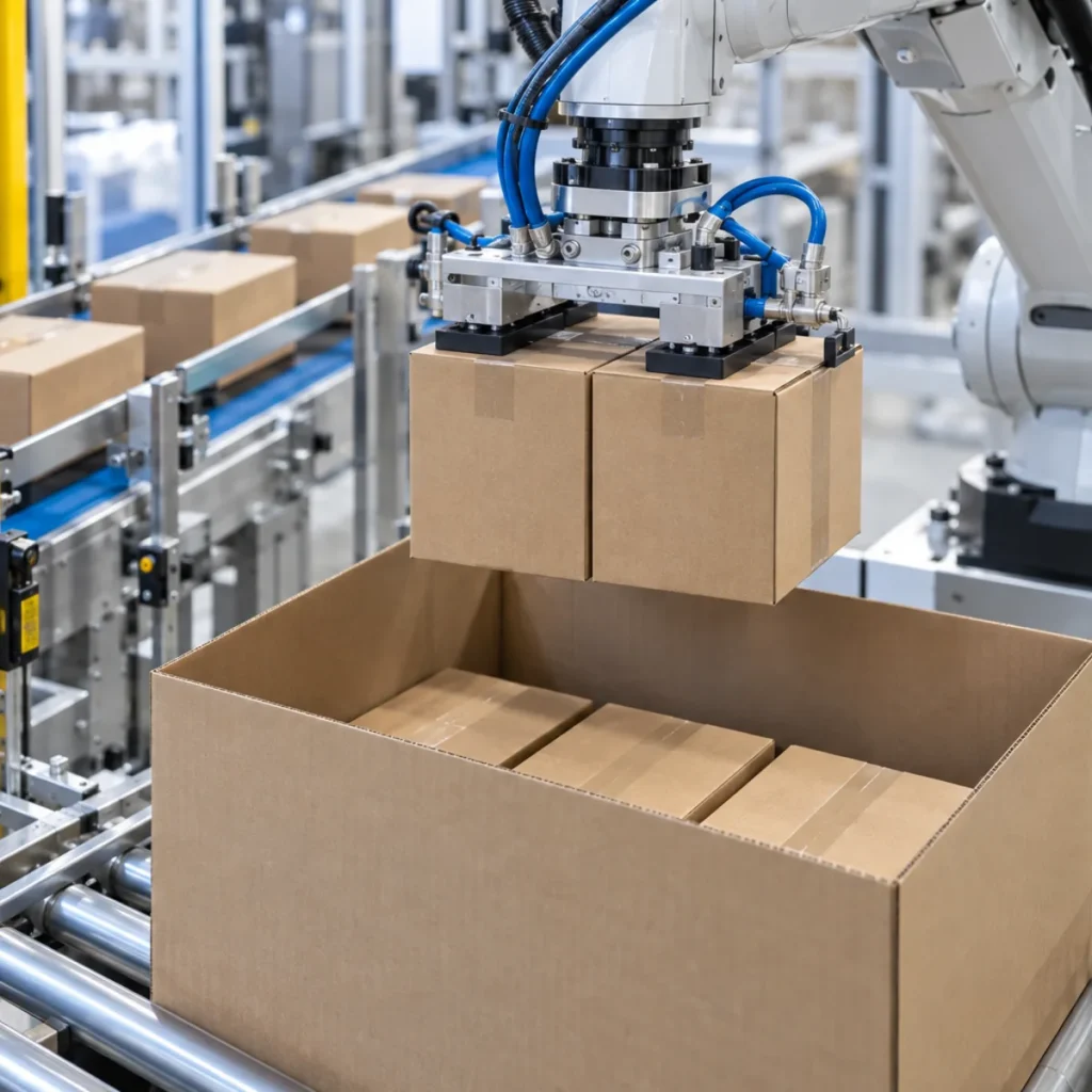 NRA-900 robotic case packer loading cartons into shipping cases detail view