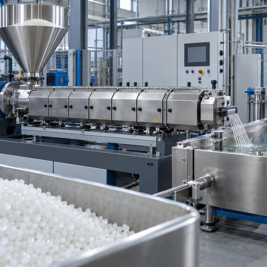 NE-75 twin-screw plastic extrusion line with hopper and pelletizing section detail view