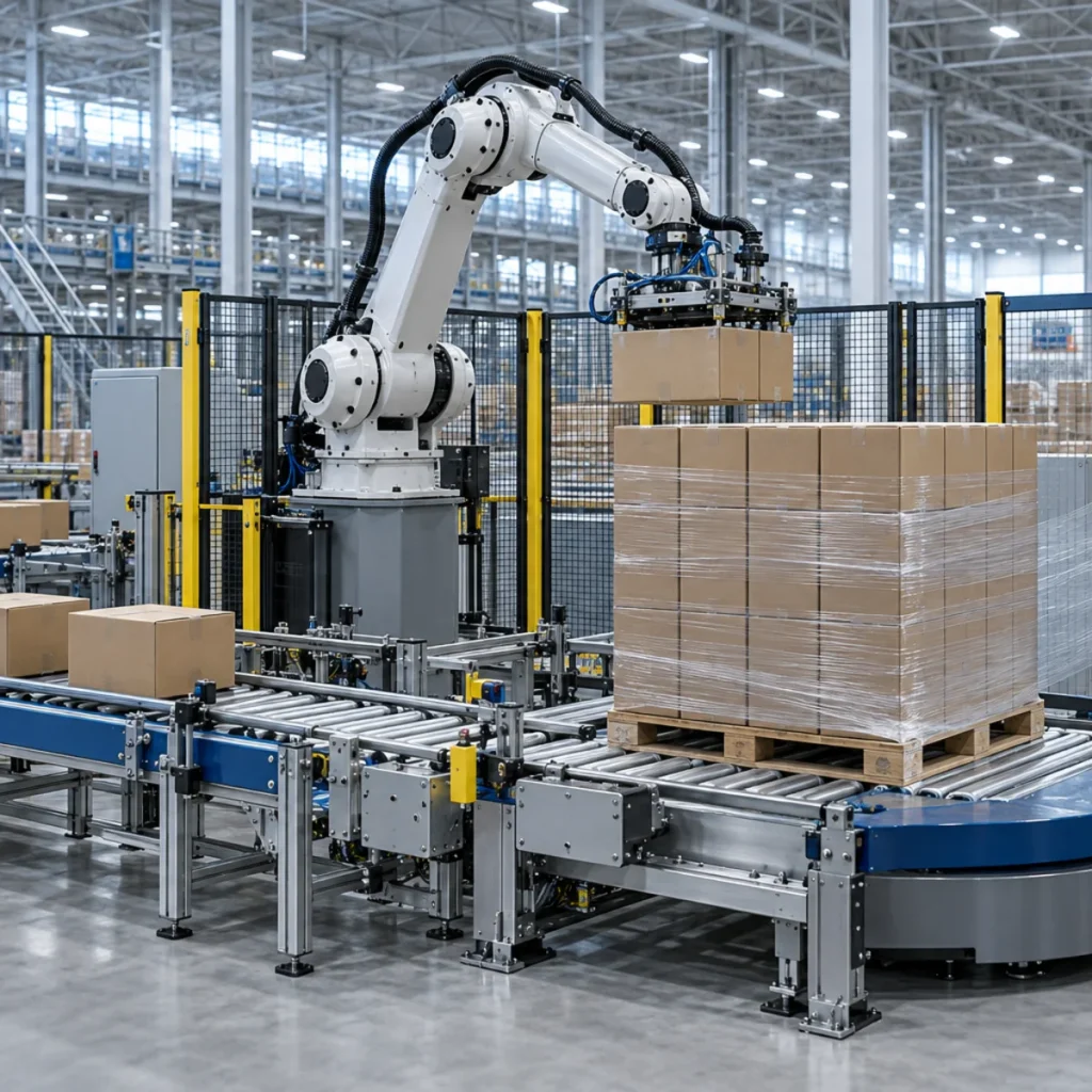 NPL-1200 robotic palletizer stacking cartons beside a stretch wrapper detail view