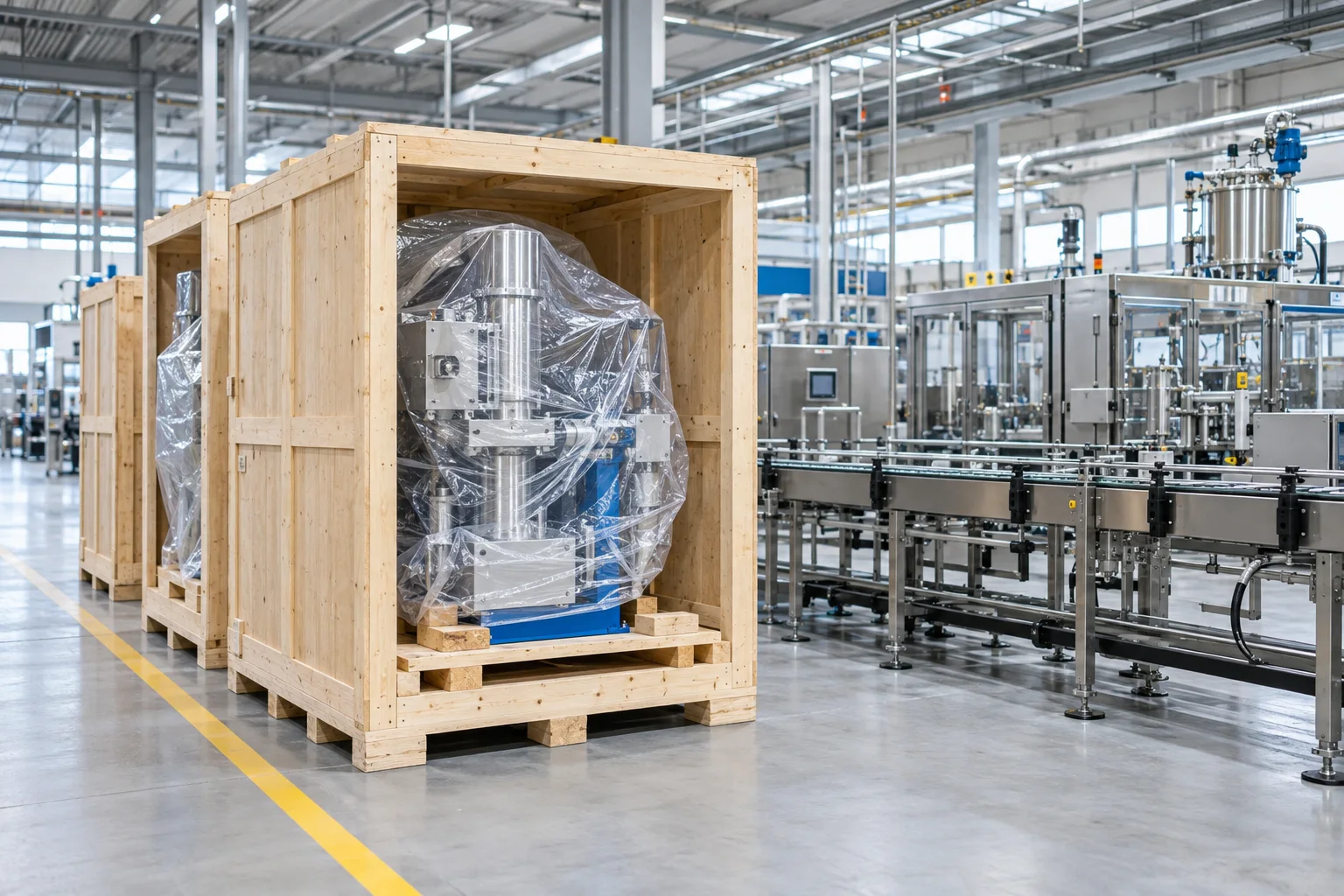 Industrial machinery prepared for international shipment beside a production line